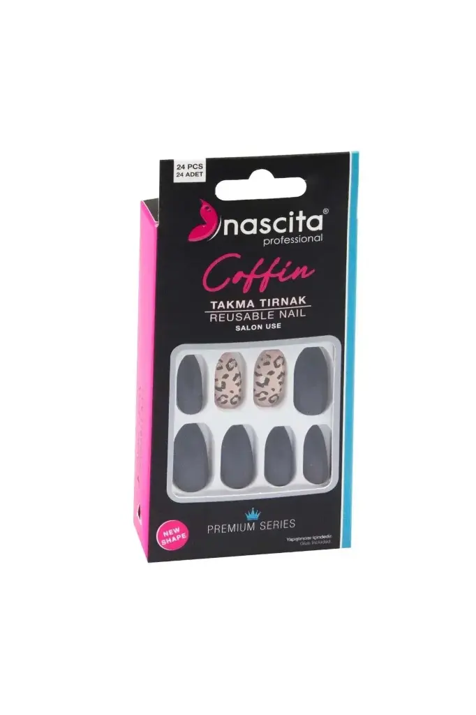 NASCITA - COFFIN REUSABLE BLACK NAIL 24PCS WITH GLUE 146
