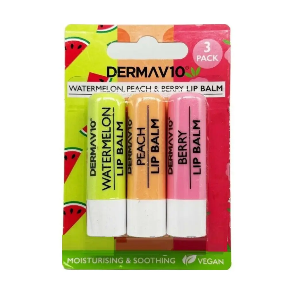DERMAV10 - TRIO MOISTURISING LIP BALMS (WATERMELON, PEACH, BERRY) 3PACK 