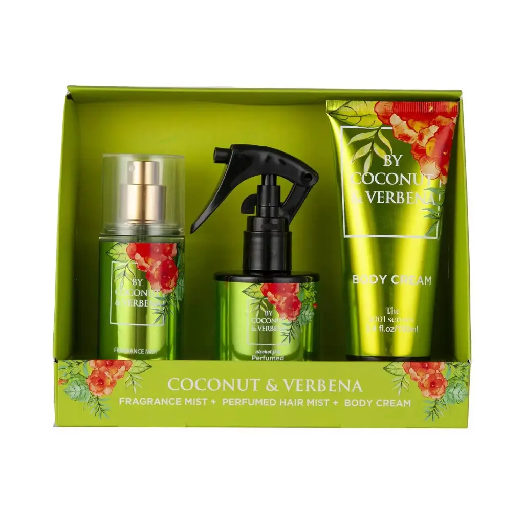 ذا 1001 سينسز - مجموعة كوكونت & فيربينا ميست عطري 75 مل + ميست الشعر المعطر 100 مل + كريم الجسم 100 مل