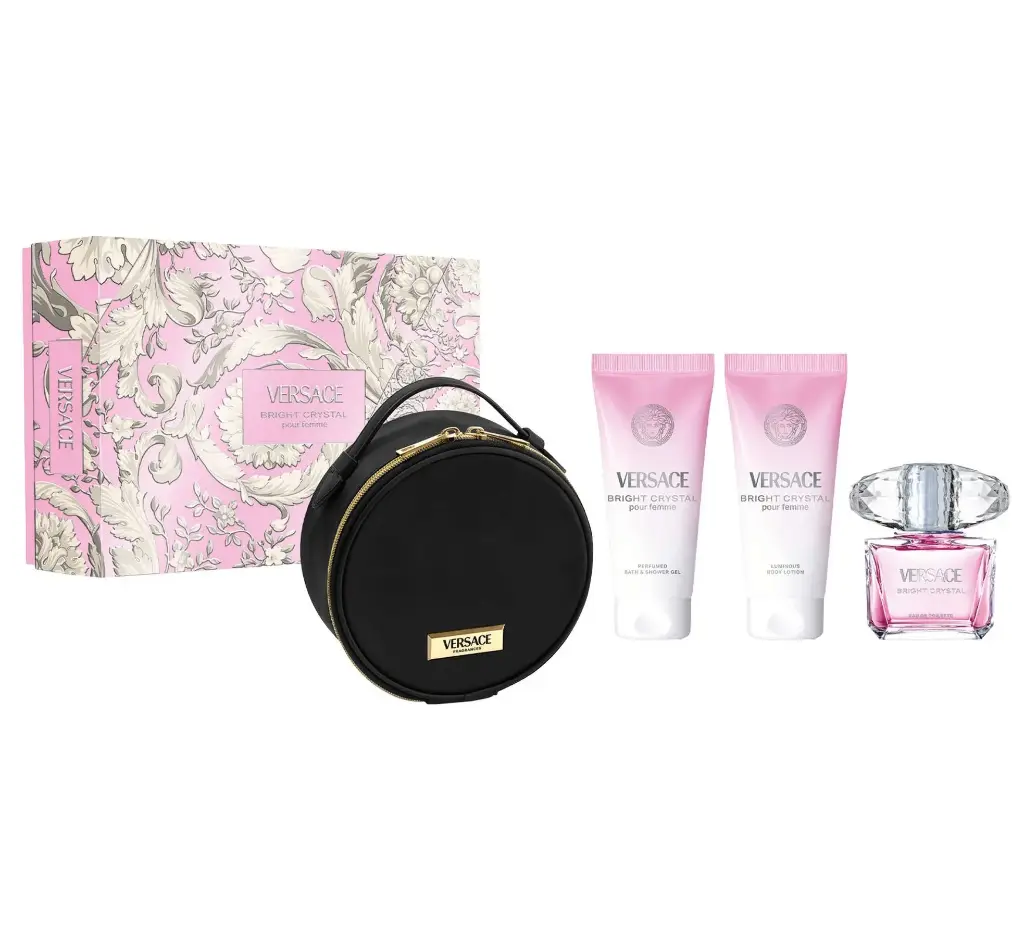 VERSACE - GIFT SET BRIGHT CRYSTAL EDT 90 + SHOWER GEL 100ML + LOTION 100ML + VERSACE ROUND MAKEUP CASE